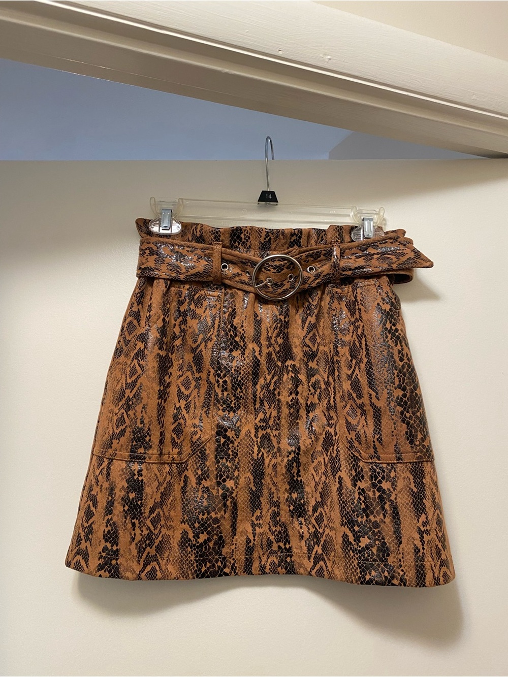 Textured Faux Leather Mini Skirt with Pockets Paperbag Waist- Brown